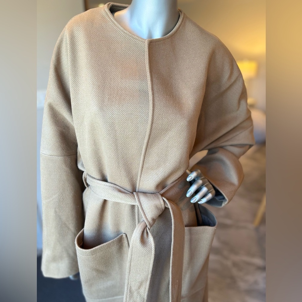 Midi Camel /Caramel Color Open With Tie Waist Round Neck Drop Shoulder Wrap Coat - Picture 15 of 15